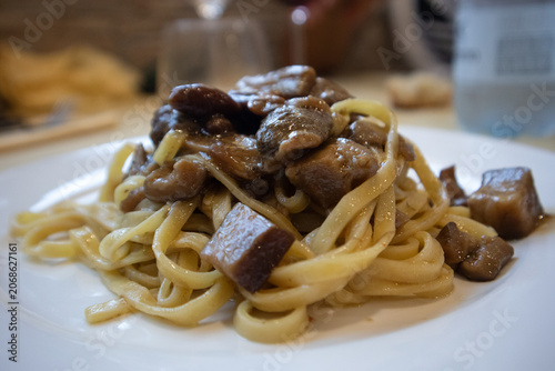 Obraz na płótnie Piatto di tagliatelle fresche all'uovo condite con funghi porcini a pezzi e sugo