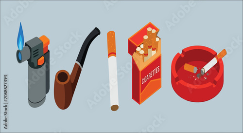 Obraz na plátně Smoking paraphernalia collection a vector illustration featuring a lighter pipe