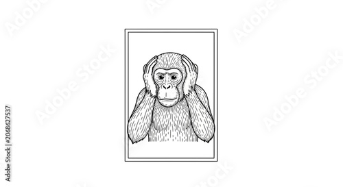 Chimpanzee Covering Ears, Illustration of 'Hear No Evil' Monkey