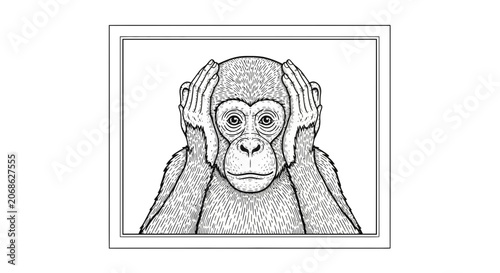 Chimpanzee Covering Ears, See No Evil Monkey, Illustration