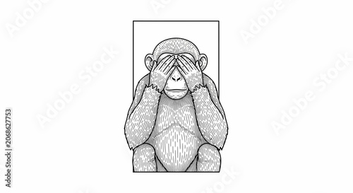 Chimpanzee Covering Eyes, See No Evil Monkey, Black and White Illustration