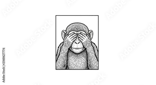 Chimpanzee Covering Eyes, See No Evil Monkey, Black and White Stipple Art