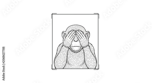 Chimpanzee Covering Eyes, See No Evil Monkey, Illustration
