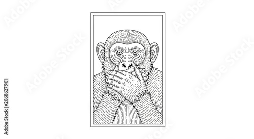 Chimpanzee covering mouth with hands, illustration, concept of silence, secrecy, or not speaking.