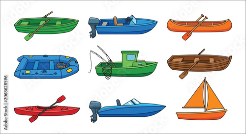 Tableau sur toile Collection of various boats and watercraft colorful vector illustration on a whi