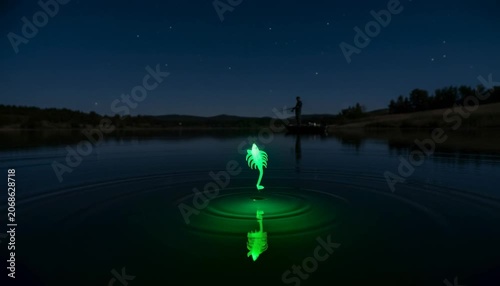 Night fishing on tranquil forest lake with glowing lure and moonlit water creating serene atmosphere