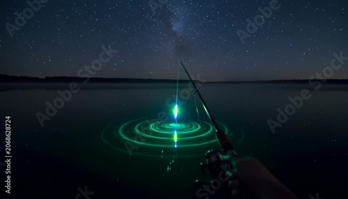 Night fishing on tranquil forest lake with glowing lure and moonlit water creating serene atmosphere