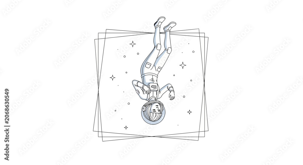Fototapeta premium Astronaut Floating Upside Down in Space with Stars and Geometric Frame
