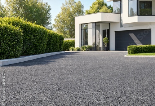 Crisp close-up DSLR view of fresh black asphalt driveway in front of modern luxury house, bright sunlight, green hedges, minimal architecture, soft depth background.