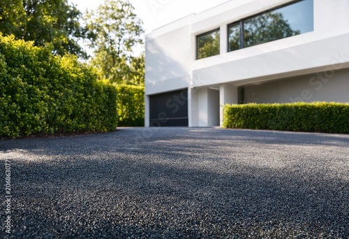 Crisp close-up DSLR view of fresh black asphalt driveway in front of modern luxury house, bright sunlight, green hedges, minimal architecture, soft depth background.