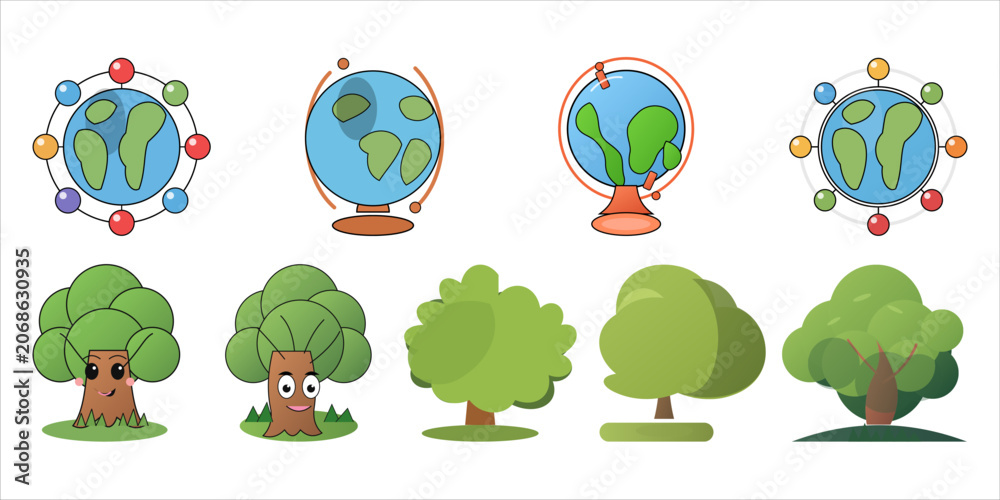 Fototapeta premium Collection of cartoon globes and trees in various styles, isolated on white background