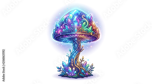 Vibrant crystal mushroom glows with colorful iridescent light