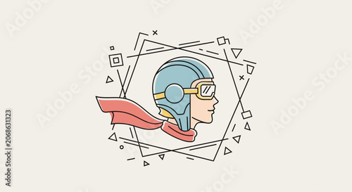 Retro Aviator Hero with Red Cape and Goggles, Geometric Frame