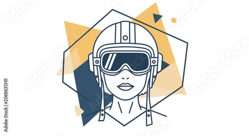 Retro Aviator Helmet Woman Portrait, Geometric Abstract Background, Vintage Style