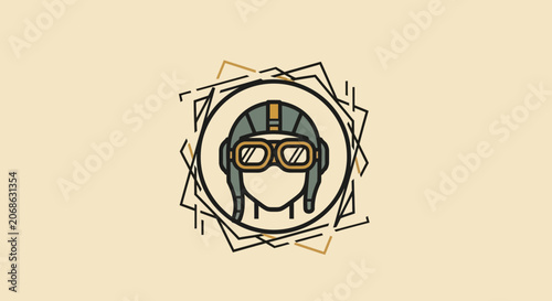 Retro Aviator Icon: Vintage Pilot Head with Goggles and Helmet, Geometric Frame
