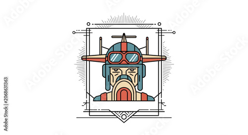 Retro Aviator Pilot Portrait with Goggles and Helmet, Geometric Frame
