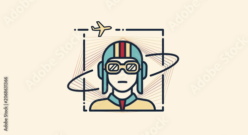 Retro Aviator Pilot Character with Airplane Icon and Swirls