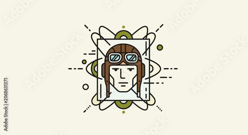 Retro Aviator Portrait: Vintage Pilot Head with Goggles and Helmet, Geometric Design