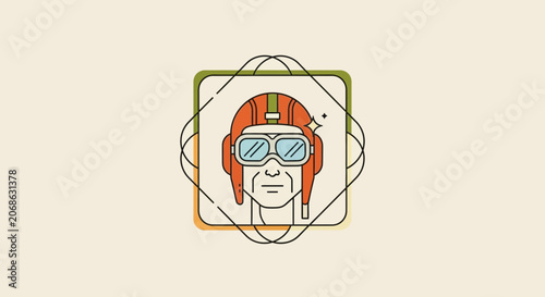 Retro Aviator Portrait: Vintage Pilot Helmet & Goggles, Stylized Line Art Icon