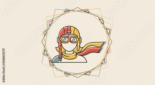 Retro Aviator Woman Icon with Scarf and Goggles, Vintage Style, Geometric Frame