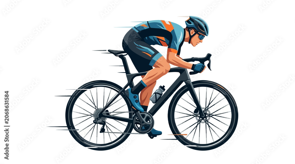Fototapeta premium Professional cyclist riding a road bike at high speed, dynamic athletic sports illustration isolated on white background