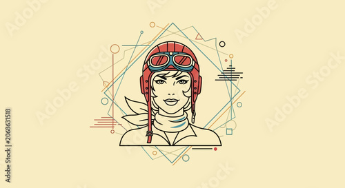 Retro Female Pilot Portrait with Geometric Background