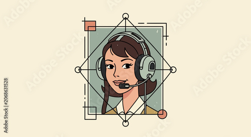 Retro Call Center Operator with Headset and Geometric Frame