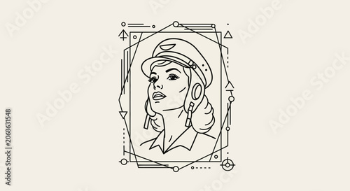 Retro Female Pilot Portrait, Geometric Frame, Vintage Aviation Style