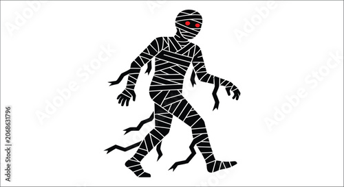 Schilderij op canvas Silhouette of a bandaged figure with glowing red eyes against a white background