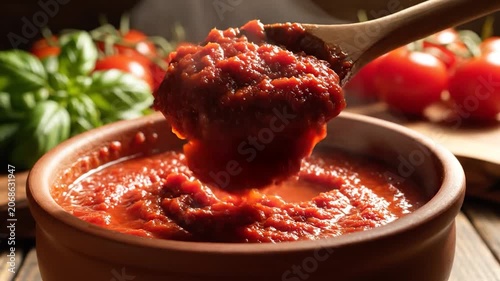 Fresh tomato sauce is stirred with a wooden spoon