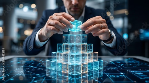 Businessman building a glowing digital pyramid with translucent cubes