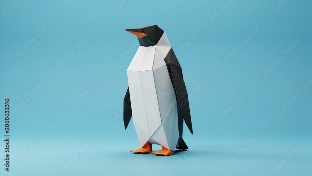 Obraz premium Low poly origami penguin figure with black, white, and orange details on blue background