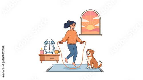 Woman jump roping with dog and sunrise view from window, morning exercise