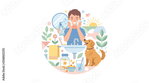 Man washing face in bathroom with dog and nature elements, daily routine