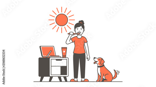 Woman brushing teeth with dog and sun illustration