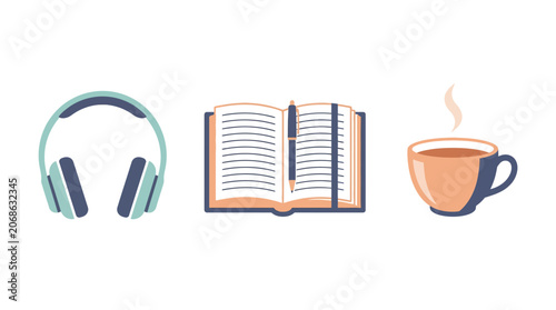 Headphones, Open Book and Hot Coffee Cup Icons on White Background