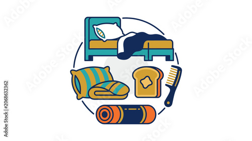 Cozy Comforts: Bed, Pillow, Blanket, Toast, and Comb Icon Set
