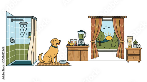 Golden Retriever Dog Waiting for Shower, Healthy Breakfast, Scenic Window View