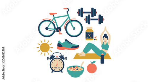 Healthy Lifestyle Collage: Fitness, Diet, Sleep, and Exercise Icons