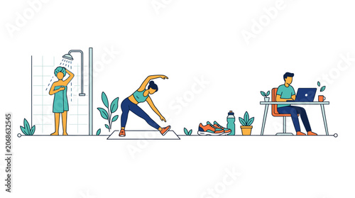 Healthy Lifestyle: Showering, Yoga, and Remote Work - Flat Illustration