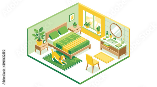 Cozy Isometric Bedroom and Bathroom with Dog, Plants, and Natural Light