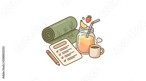 Healthy Lifestyle Morning Routine: Yoga Mat, Smoothie, Coffee, Checklist