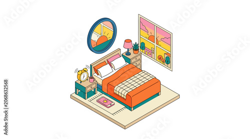 Cozy Isometric Bedroom with Sunrise View and Alarm Clock, Cozy Bedroom, Sunrise View, Alarm Clock