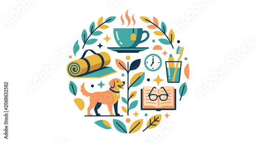 Cozy Lifestyle Collage: Tea, Dog, Yoga, Reading, Hygiene, Clock