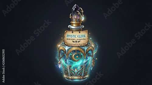 Mystic elixir bottle with glowing blue liquid and gold accents on a dark background