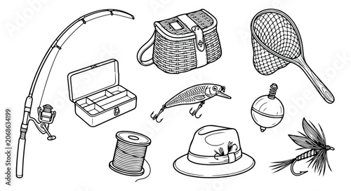 Konstfotografi Vintage fishing gear vector collection, classic angling equipment, hand-drawn ou
