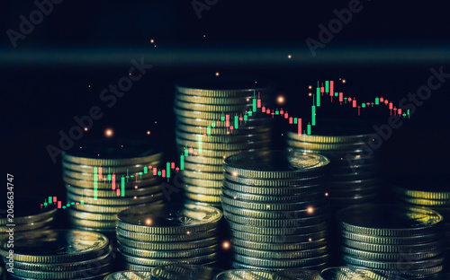 Stacked coins with glowing financial chart illustrating investment growth, wealth accumulation, stock market performance, long term savings, business success, and economic prosperity.