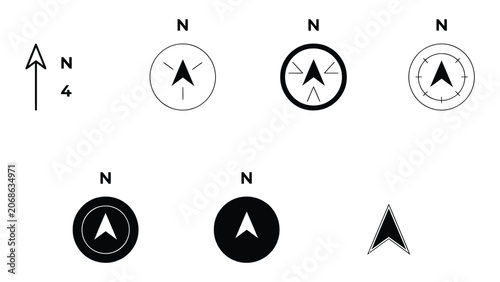 Set of North Arrow and Compass Navigation Icons for Maps and GPS