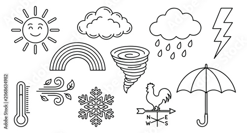 Fotografija Weather forecast line art icon set, climate and meteorology symbols, natural phenomena vector collection, simple outline weather elements for educational design