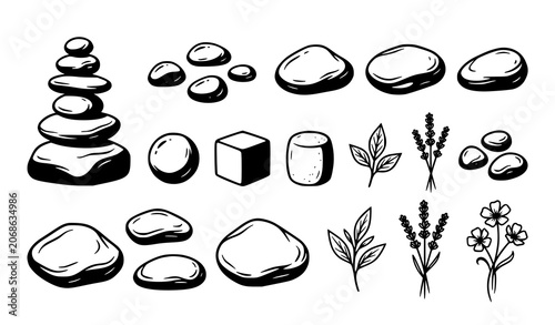 Canvas Print Zen Stone Balance Collection With Pebbles Rocks And Botanical Elements Illustrat
